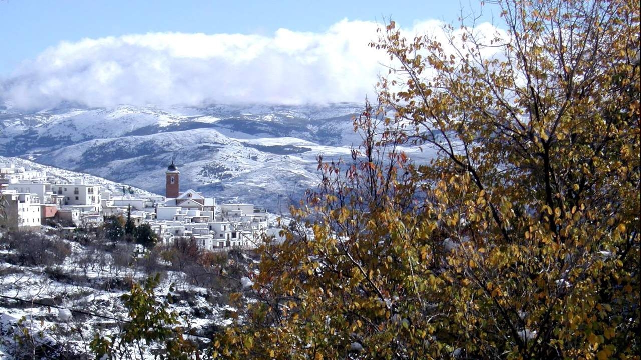 Village between snow-capped mountains and trees