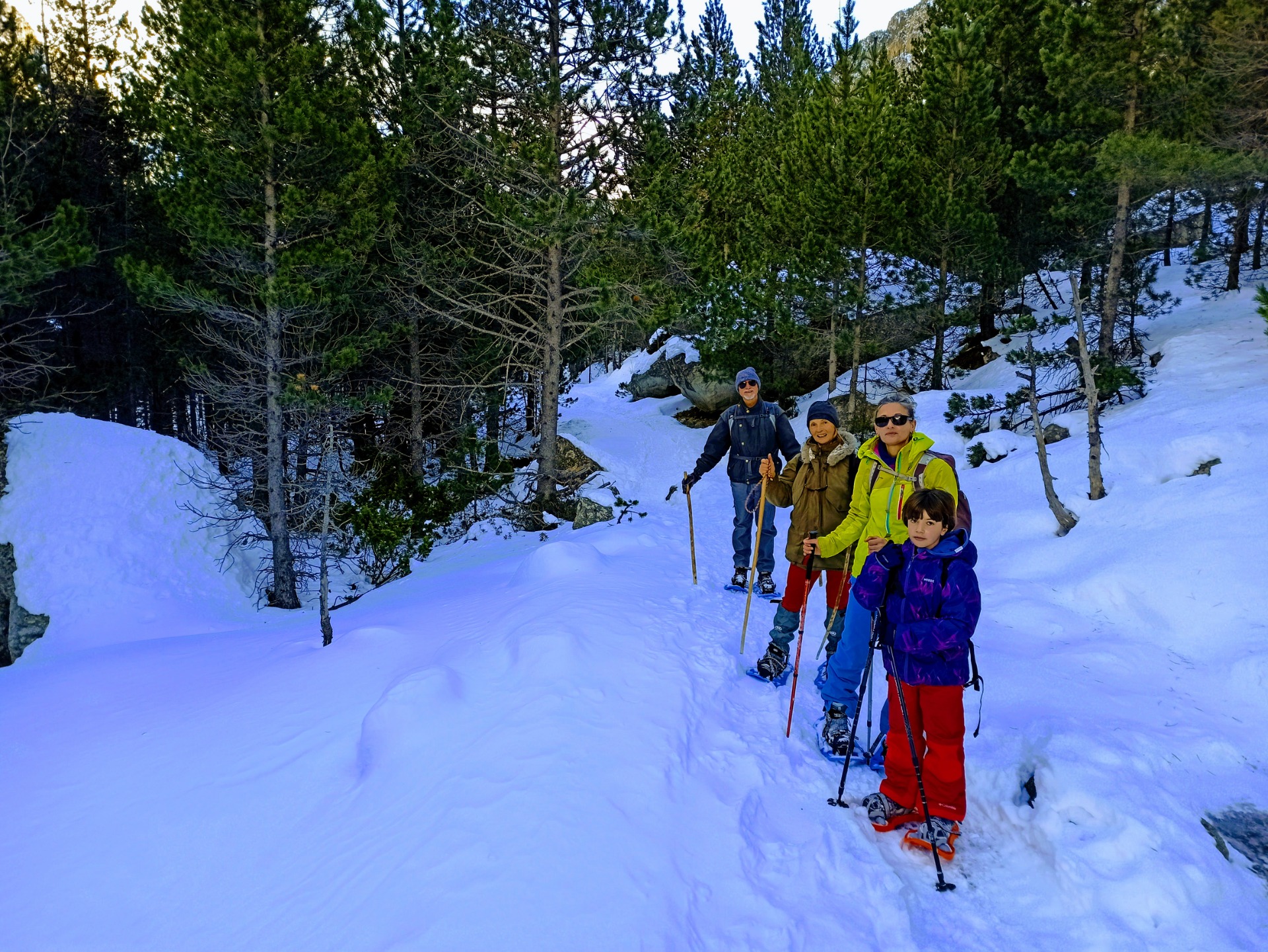  Varias personas en un bosque caminando por la nieve 